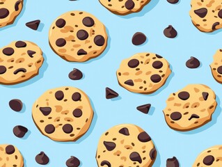 Chocolate chip cookies and oatmeal cookies arranged in a beautiful pattern, showcasing their texture, color, and detail. A delightful combination of sweet treats perfect for food photography, bakery p