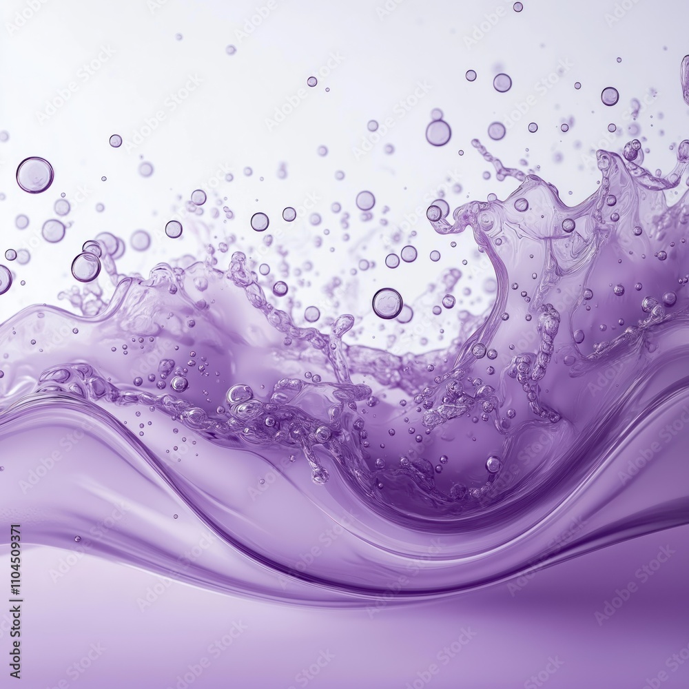 Poster purple liquid splashes, waves. abstract design with bubbles. creative visual. liquid textures. color