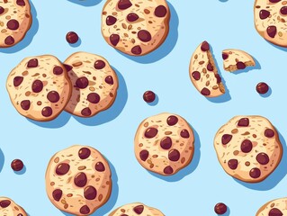 Chocolate chip cookies and oatmeal cookies arranged in a beautiful pattern, showcasing their texture, color, and detail. A delightful combination of sweet treats perfect for food photography, bakery p