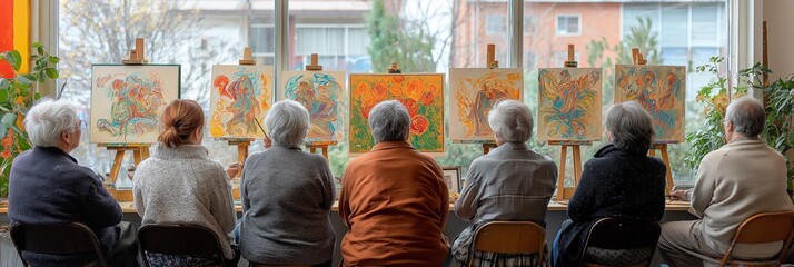 A group of seniors gathered in an art club, painting on easels with colorful artworks displayed, surrounded by plants and natural light