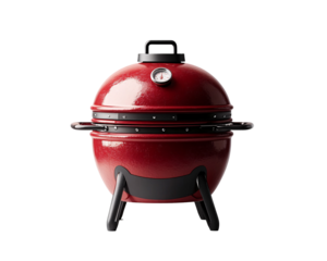 a red round grill with a temperature gauge
