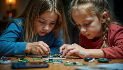 Two girls repair broken phone circuits at home table. Kids explore tech repair skills. Hands-on learning, eco friendly. Girls use tools to fix electronic parts. STEM education focus. Home based
