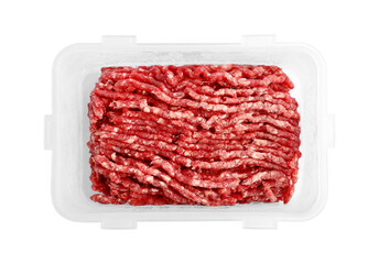 Frozen minced meat in container isolated on white, top view