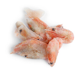 Bunch of frozen shrimps isolated on white, top view
