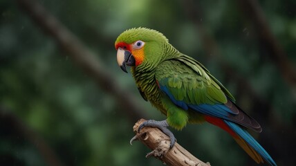 Obraz premium A vibrant green parrot perched on a branch, showcasing its colorful plumage against a blurred green background.
