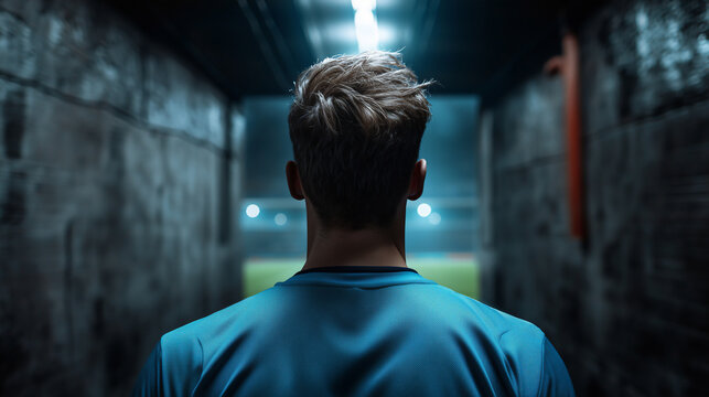 Soccer player entering the field through a tunnel, back view, illuminated stadium, professional sports, anticipation, team game, competitive atmosphere, copy space for text