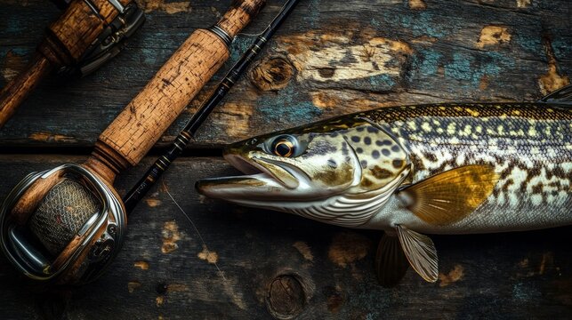 Pike fish catch on wooden background.
