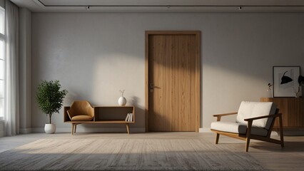 An empty, wide interior space with a wooden floor, a door, and a window overlooking a distant view