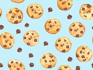 Chocolate chip cookies and oatmeal cookies arranged in a beautiful pattern, showcasing their texture, color, and detail. A delightful combination of sweet treats perfect for food photography.