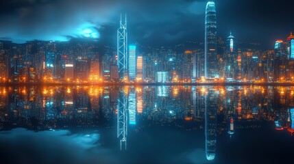 Nighttime cityscape reflecting on water, showcasing vibrant urban lights.