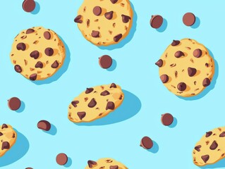 Chocolate chip cookies and oatmeal cookies arranged in a beautiful pattern, showcasing their texture, color, and detail. A delightful combination of sweet treats perfect for food photography.