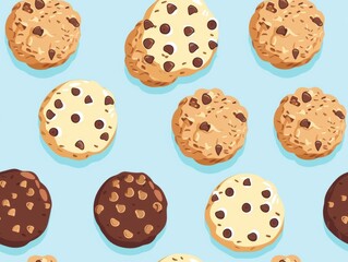 Chocolate chip cookies and oatmeal cookies arranged in a beautiful pattern, showcasing their texture, color, and detail. A delightful combination of sweet treats perfect for food photography.