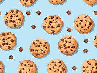 Chocolate chip cookies and oatmeal cookies arranged in a beautiful pattern, showcasing their texture, color, and detail. A delightful combination of sweet treats perfect for food photography.