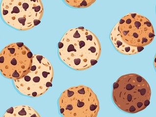 Chocolate chip cookies and oatmeal cookies arranged in a beautiful pattern, showcasing their texture, color, and detail. A delightful combination of sweet treats perfect for food photography.