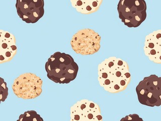 Chocolate chip cookies and oatmeal cookies arranged in a beautiful pattern, showcasing their texture, color, and detail. A delightful combination of sweet treats perfect for food photography.