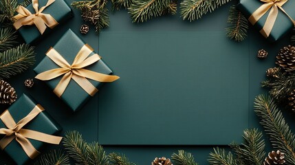 Beautifully arranged Christmas gift with a golden ribbon, framed by pine branches on a serene dark green backdrop, ideal for holiday designs