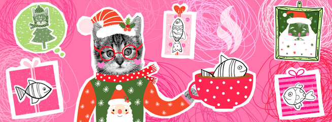 Funny Kitten with Ugly Christmas Sweater and Glasses Holding A Cup of Coffee with Fish, Fun Vector Cat Design