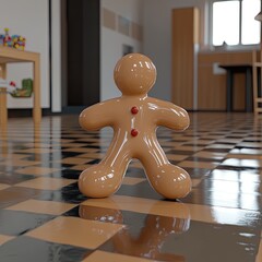 A glossy, 3D-rendered gingerbread man stands on a shiny checkered floor in a brightly lit room.