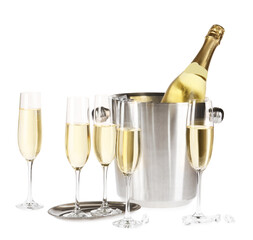 Champagne and bucket with ice isolated on white
