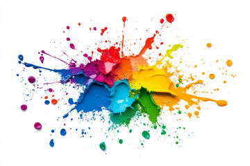 Abstract paint splatter texture, vibrant primary colors scattered over a white background, dynamic and artistic