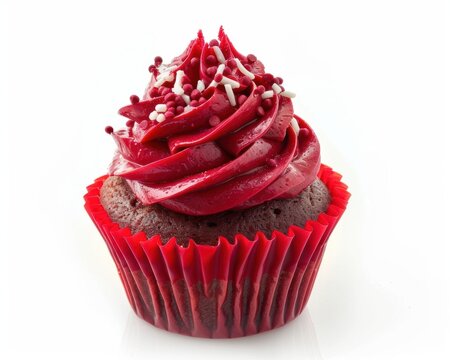 A delicious red velvet cupcake topped with vibrant red frosting and colorful sprinkles.