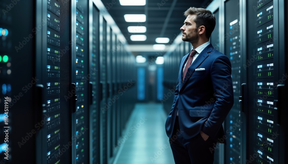 Poster businessman stands in server room. tech expert observes data cloud protection network. server room s