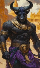 Fototapeta premium Powerful bull-headed figure, ornate gold jewelry, desert setting.