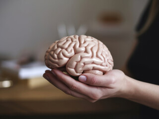 Manos femeninas sostienen un modelo del cerebro humano