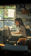 Anime student girl daydreaming in a classroom, sunlight pouring in, detailed books and supplies on desk