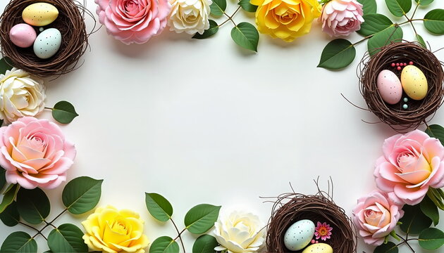 Easter floral frame with roses and egg-filled nests
