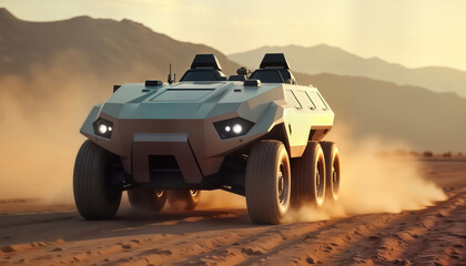 Futuristic unmanned combat vehicle patrols deserted battlefield. AI surveillance tech showcased. Military tech, autonomous warfare capabilities displayed. Modern vehicle moves across dusty landscape.