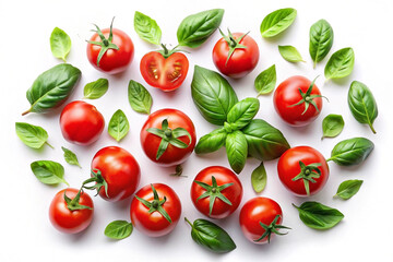 Fresh red cherry tomatoes and basil leaves arranged on white background.