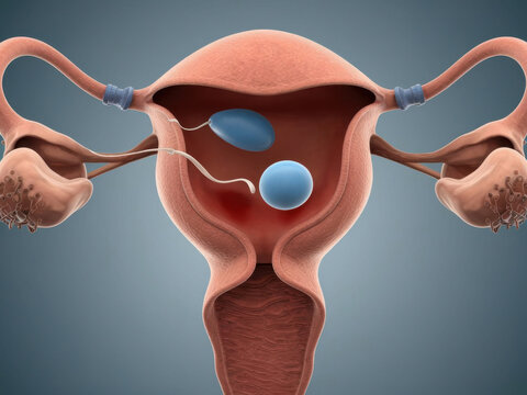 Representaci&oacute;n 3D del sistema reproductor femenino con un &oacute;vulo y espermatozoides
