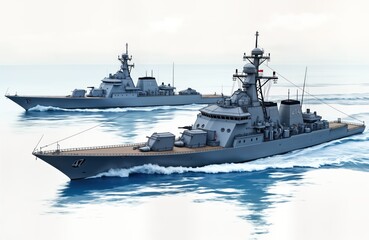 Modern military warships navigate open waters in powerful display of naval tech. Vessels sail side-by-side modern maritime tech. Ships demonstrate naval precision, support. Maritime voyage portrays