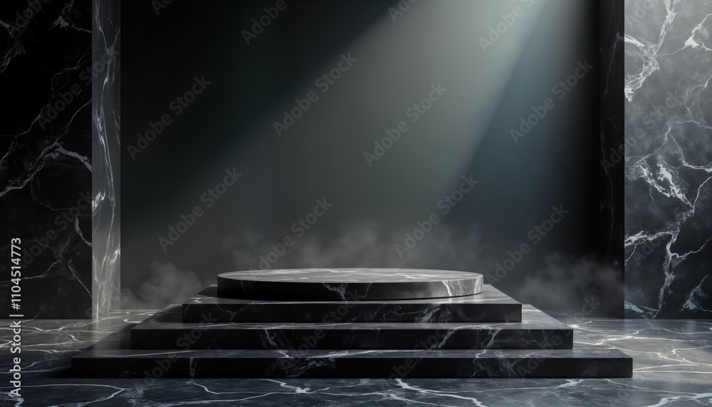 Poster empty marble podium on dark stone floor in smoky room. elegant black marble table. modern interior d
