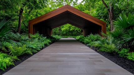 Fototapeta premium a photostock of a geometric pavilion in a public park surrounded by lush greenery, contemporary outdoor design 2025