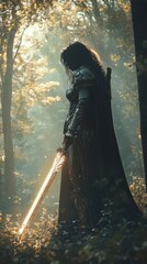 Anime warrior princess in a mystical forest, holding a glowing sword, ethereal light filtering through trees, intricate armor, highly detailed, 4K resolution