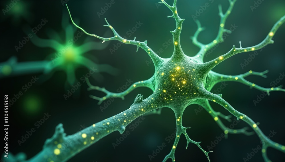 Poster 3D model of neuron showing complex structure. Detailed view of nerve cell demonstrates intricate connections. Green color highlights neural pathways, network. Scientific illustration for educational