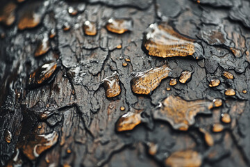 A close-up of wet tree bark texture, detailed roughness with small patches of lichen and droplets of water reflecting light