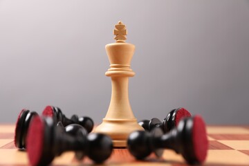 White chess king among fallen black pawns on chessboard, closeup. Competition concept