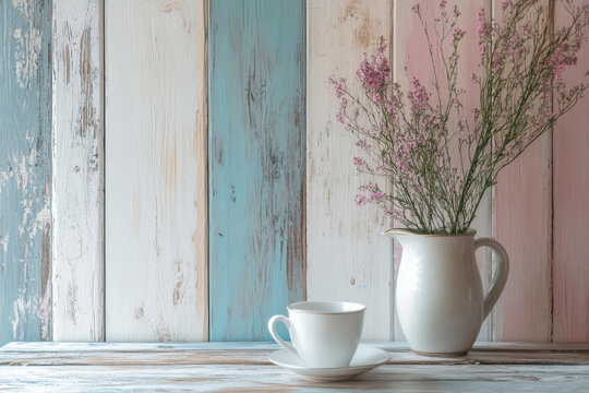 A wooden backdrop painted in soft pastel colors, providing a relaxed, homely atmosphere for a lifestyle shoot.