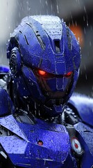 Fototapeta premium Cinematic, hyper-realistic daylight. Rain. Close-up. High definition. Giant more than houses Terminator robot made of blue metal with red eyes stands with two purple laser miniguns. 