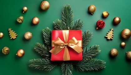 Festive red gift box with gold ribbon on a green Christmas tree-shaped background, surrounded by ornaments.