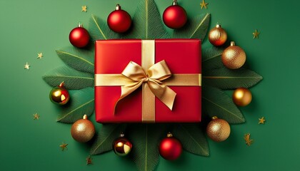Festive red gift box with gold ribbon on a green Christmas tree-shaped background, surrounded by ornaments.