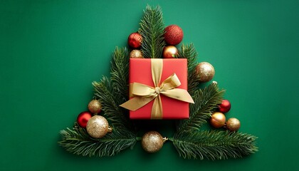 Festive red gift box with gold ribbon on a green Christmas tree-shaped background, surrounded by ornaments.