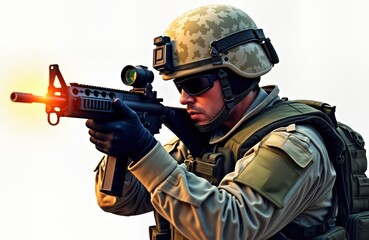Fototapeta premium Military soldier aiming rifle. Focus on target. Person wears tactical gear. Action oriented photo. Person concentrating. Modern warfare photo. Combat ready. Serious look. High tech weapon. Pro