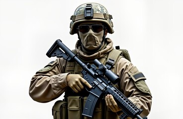 Obraz premium Military soldier stands ready holding rifle. Soldier in camouflage fatigues, helmet. Soldier wears protective gear. Prepared for action. Combat readiness. Alert, vigilant posture. Pro soldier