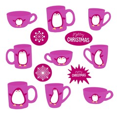 Christmas animals set penguin and cups pattern for wrapping paper and fabrics