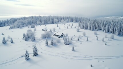 snow-covered forest landscape with cozy cabin