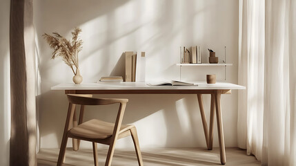 Fototapeta premium A white desk with a chair and a vase of flowers on it
